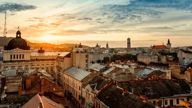Lviv old city panorama view at sunrise; Shutterstock ID 244856098