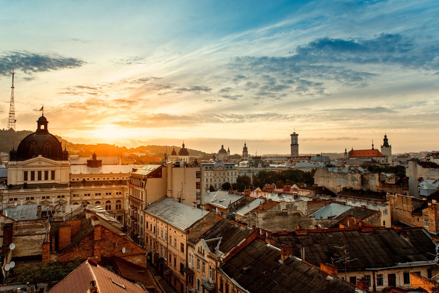 Lviv old city panorama view at sunrise; Shutterstock ID 244856098