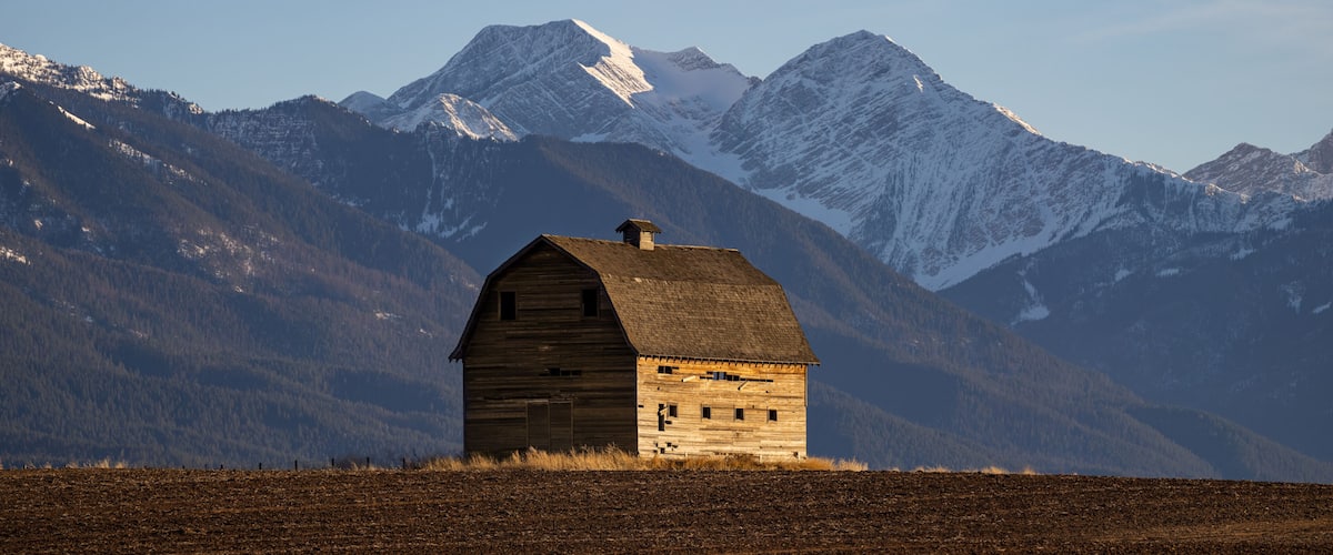 A wooden barn in a field with snow-capped mountains in the background.