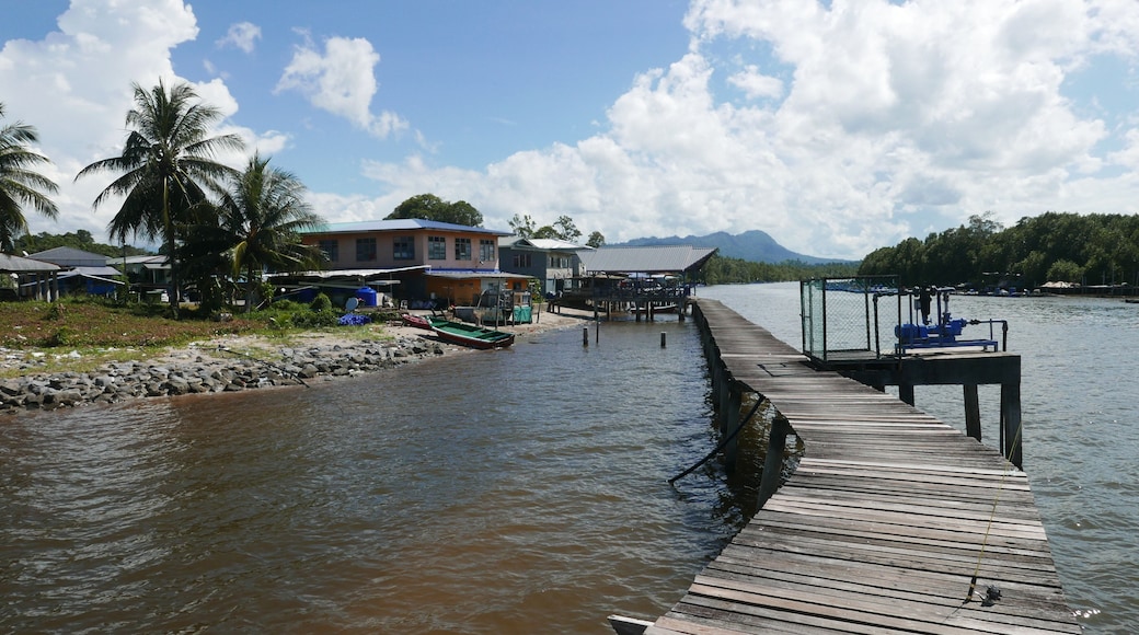 Small village nearby the sea with jetty. Lawas Sarawak Malaysia