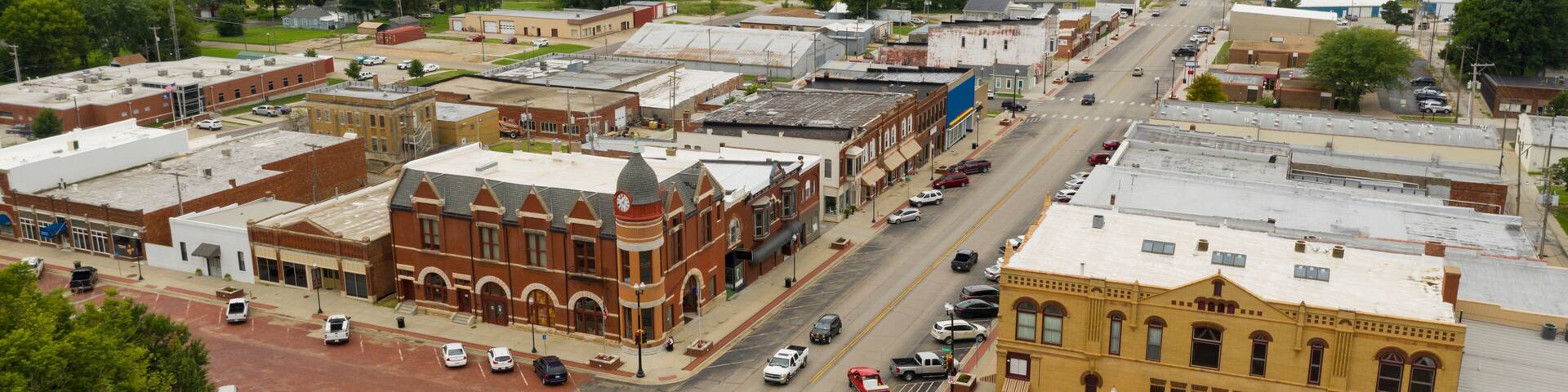 Aerial View Main Street Intersection Small Town Hiawatha Kansas