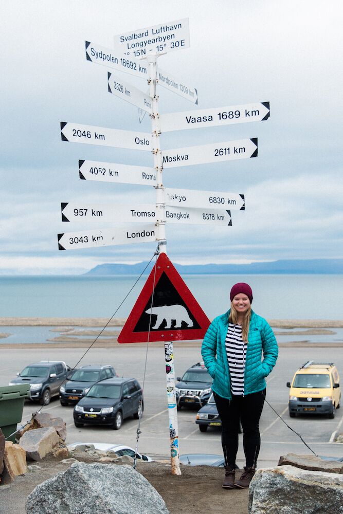 A directional signpost with distances to various cities and a warning sign for polar bears.