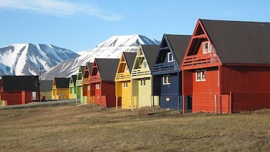 Casas de madera coloridas con montañas nevadas al fondo.