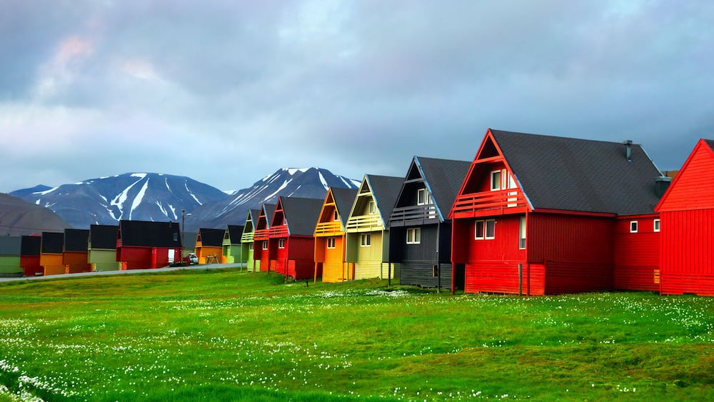 Idyllic scenic view, colorful houses and green field with arctic flowers against the background of dramatic sky and barren mountain in Longyearbyen, Spitsbergen archipelago (Svalbard), Norway, Europe