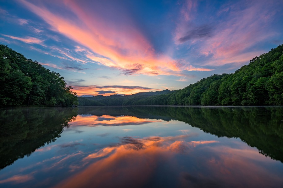 A calm lake with a reflection of the sky, surrounded by dense forest.