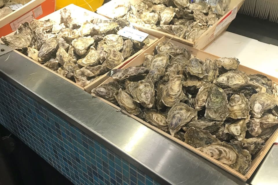 Un présentoir de fruits de mer avec des huîtres disposées dans des plateaux.