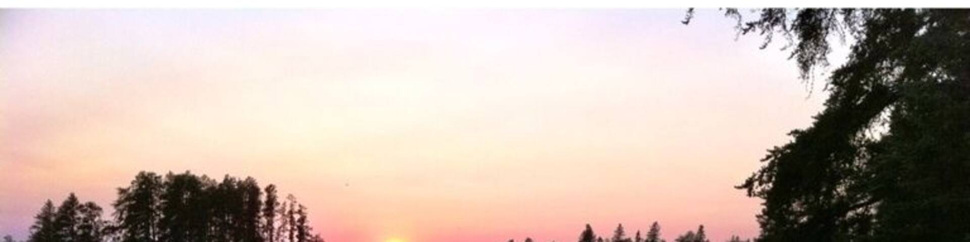 A sunset over a calm lake with canoes lined up on the shore.
