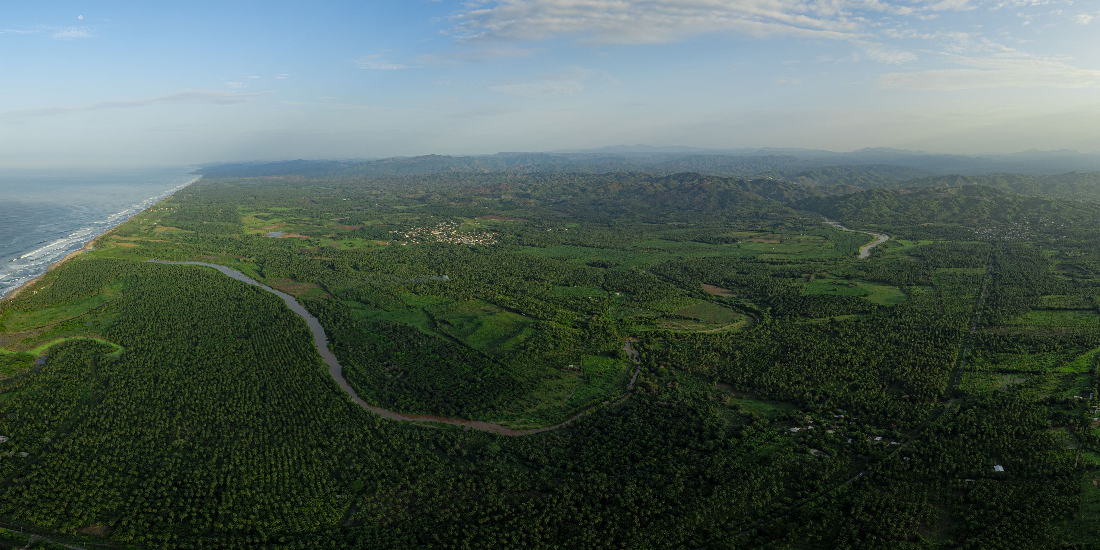 A coastal landscape with a dense forest, a winding river, and a small settlement.