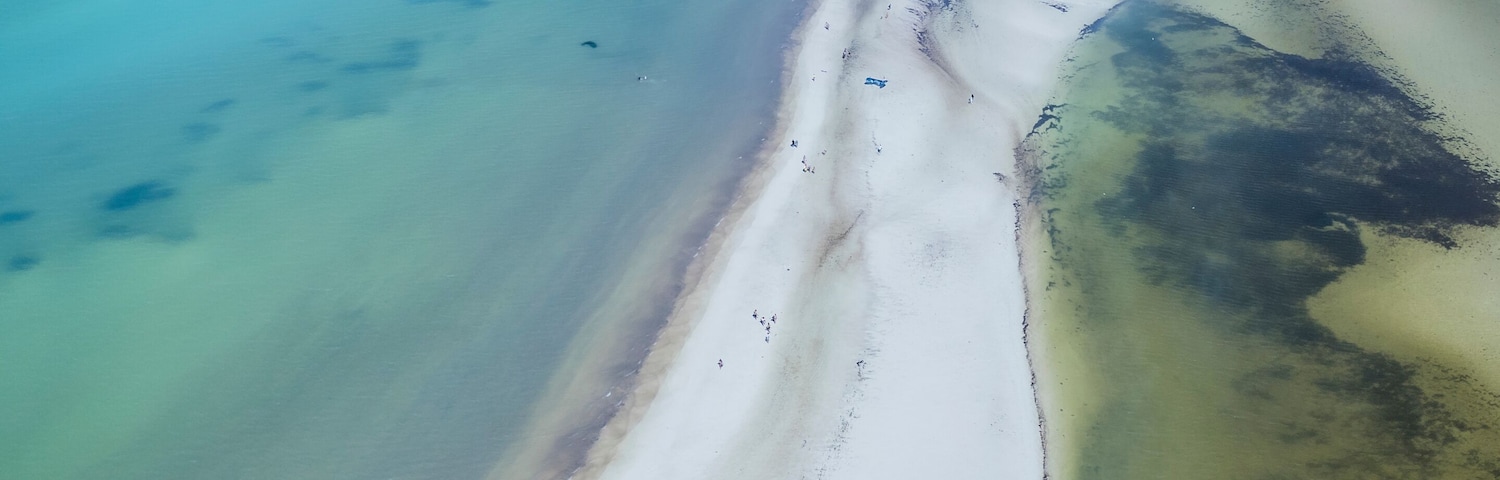 Aerial view of beautiful turquoise waters and pristine sandy beaches, Holbox, Quintana Roo, Mexico.