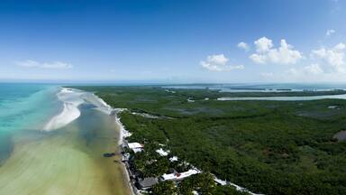 Aerial view of idyllic Holbox island with beautiful beach and serene coastline, Lazaro Cardenas, Mexico.