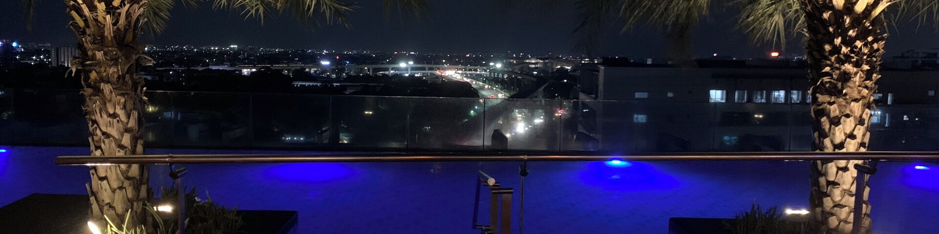 Vista noturna de uma área de piscina com palmeiras e um horizonte urbano ao fundo.
