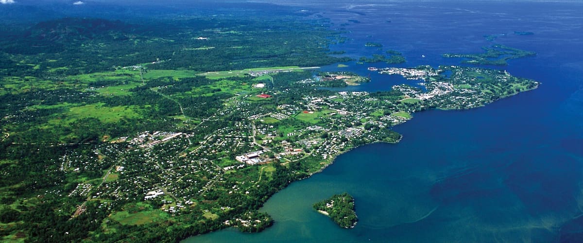 An aerial view of a coastal region with dense greenery, a large body of water, and scattered buildings.