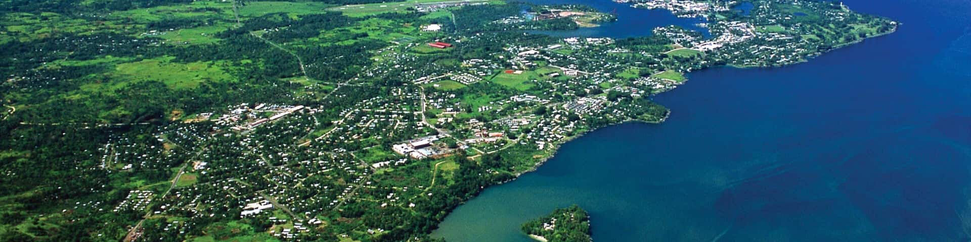 An aerial view of a coastal region with dense greenery, a large body of water, and scattered buildings.