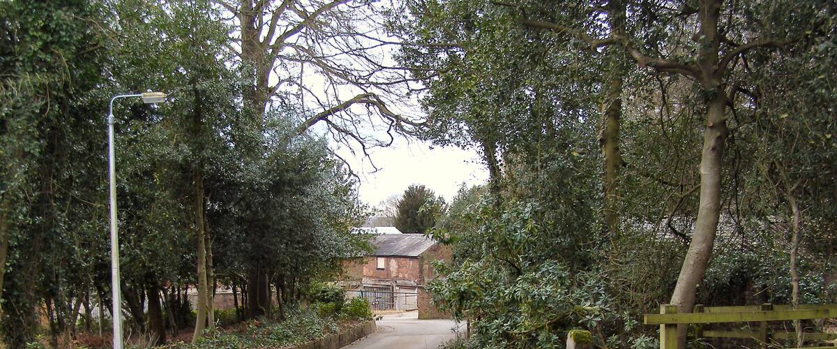 A narrow, tree-lined road curving through a rural area with a stone wall on one side and a wooden gate on the other.