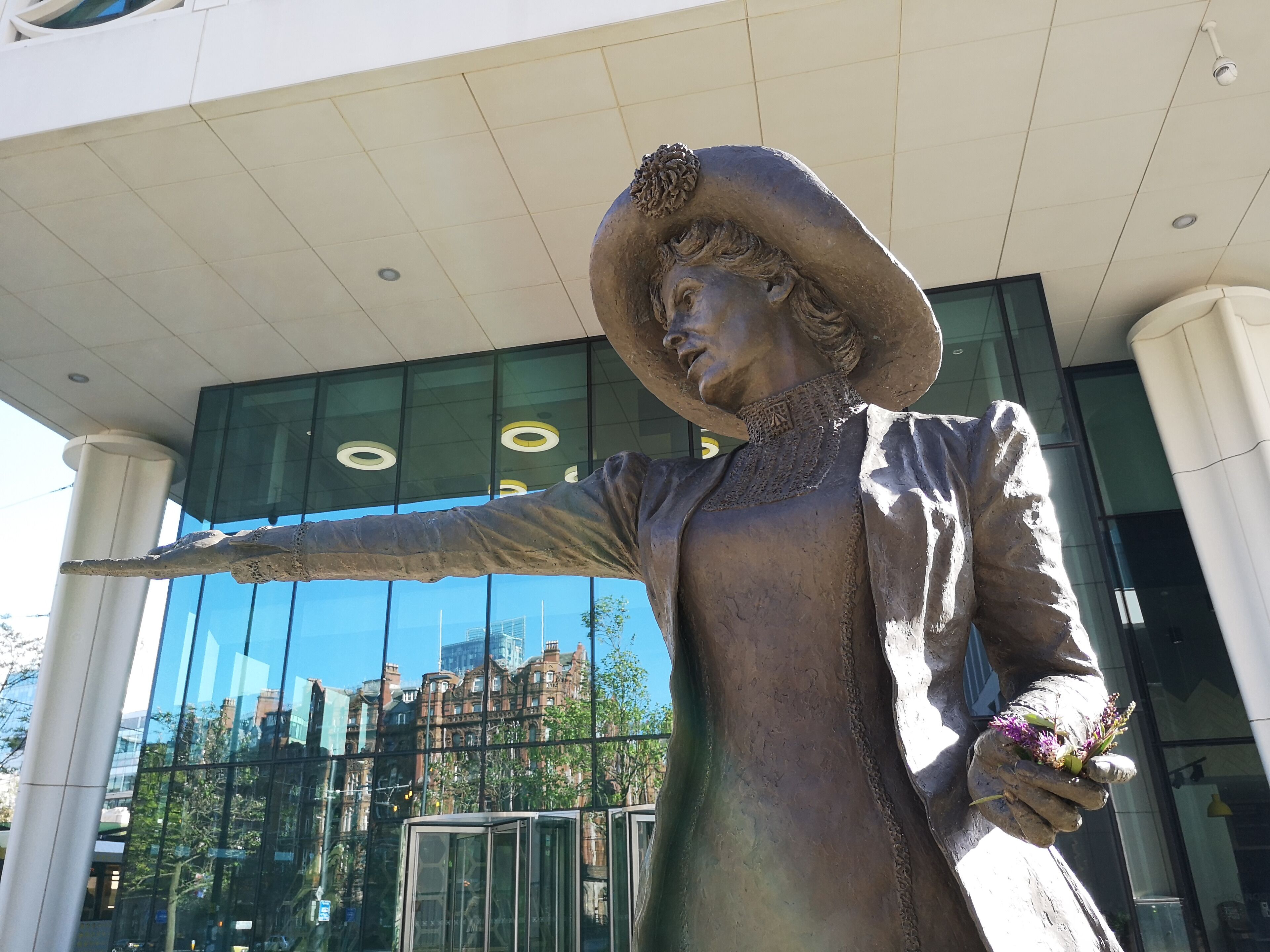 A bronze statue of suffragette leader Emmeline Pankhurst in St Peters Square. She was erected in 2018, 100 years after women over thirty were given the vote and is only the second female statue in the city after Queen Victoria.