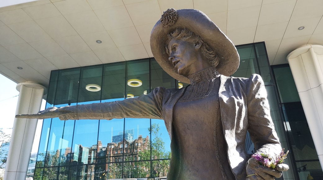 A bronze statue of suffragette leader Emmeline Pankhurst in St Peters Square. She was erected in 2018, 100 years after women over thirty were given the vote and is only the second female statue in the city after Queen Victoria.