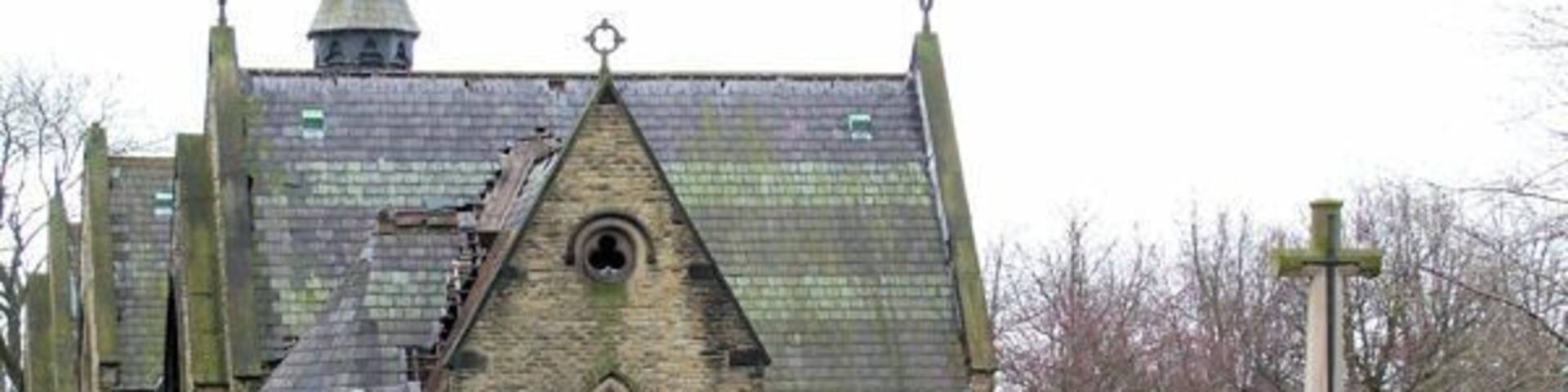Ruined chapel at Gorton Cemetery This building has been used as a political football between conservationists and the local Council for years and years. Funeral mourners passing through the cemetery are bound to be shocked by the state of the place, and it is hardly a fitting background for the War Memorial.