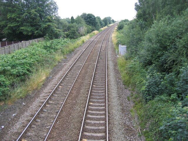 Manchester to Liverpool rail track The westbound direction as seen from the 'Iron Bridge'.