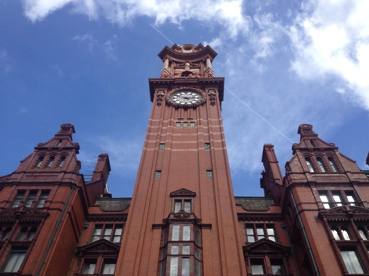 Looking up at the tower of the Palace Hotel. Originally the Refuge Assurance building - symbol of Manchester's economic might in the Victorian period. Check out the razor sharp geometry of that brickwork!