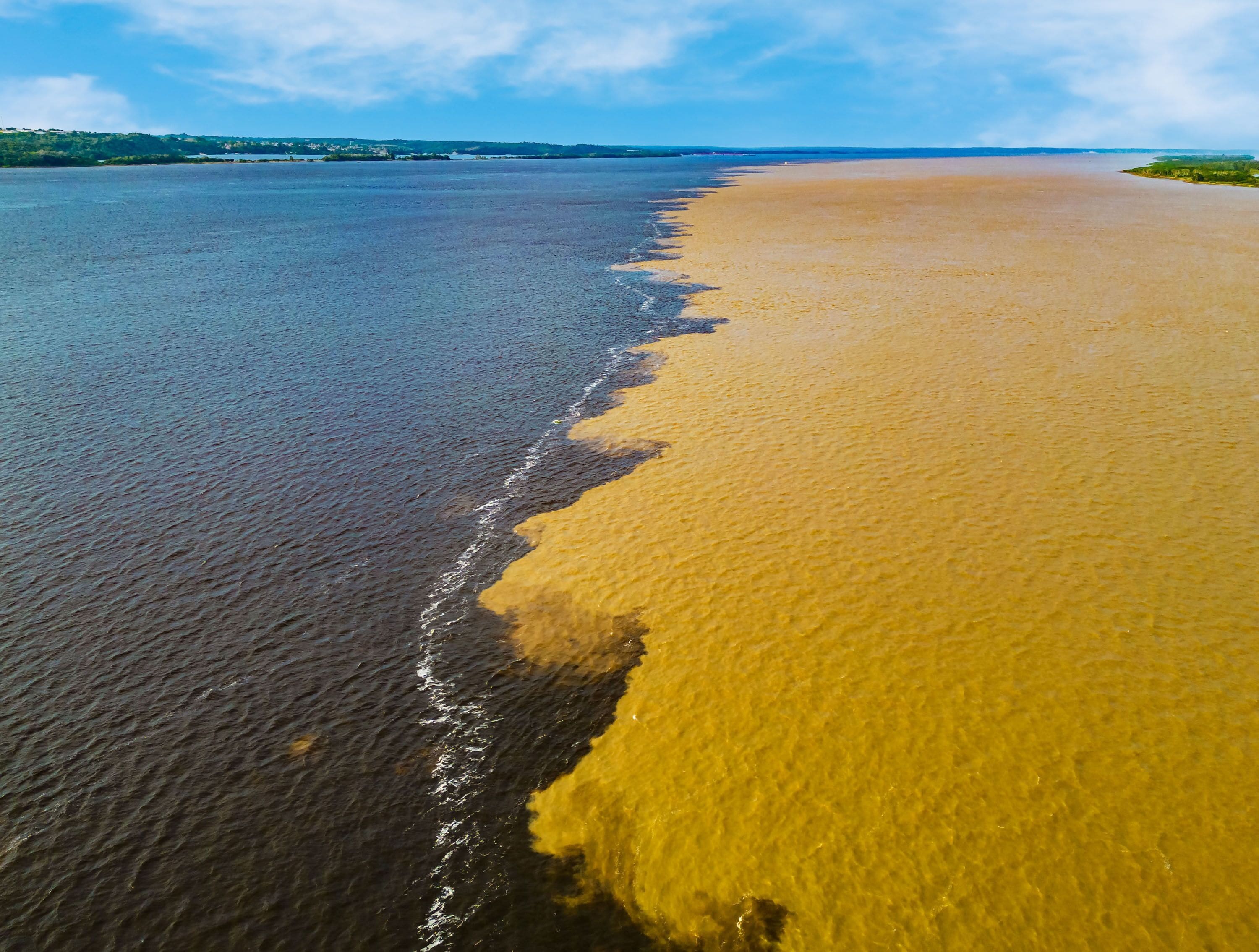 A river with a distinct yellow sandbar.