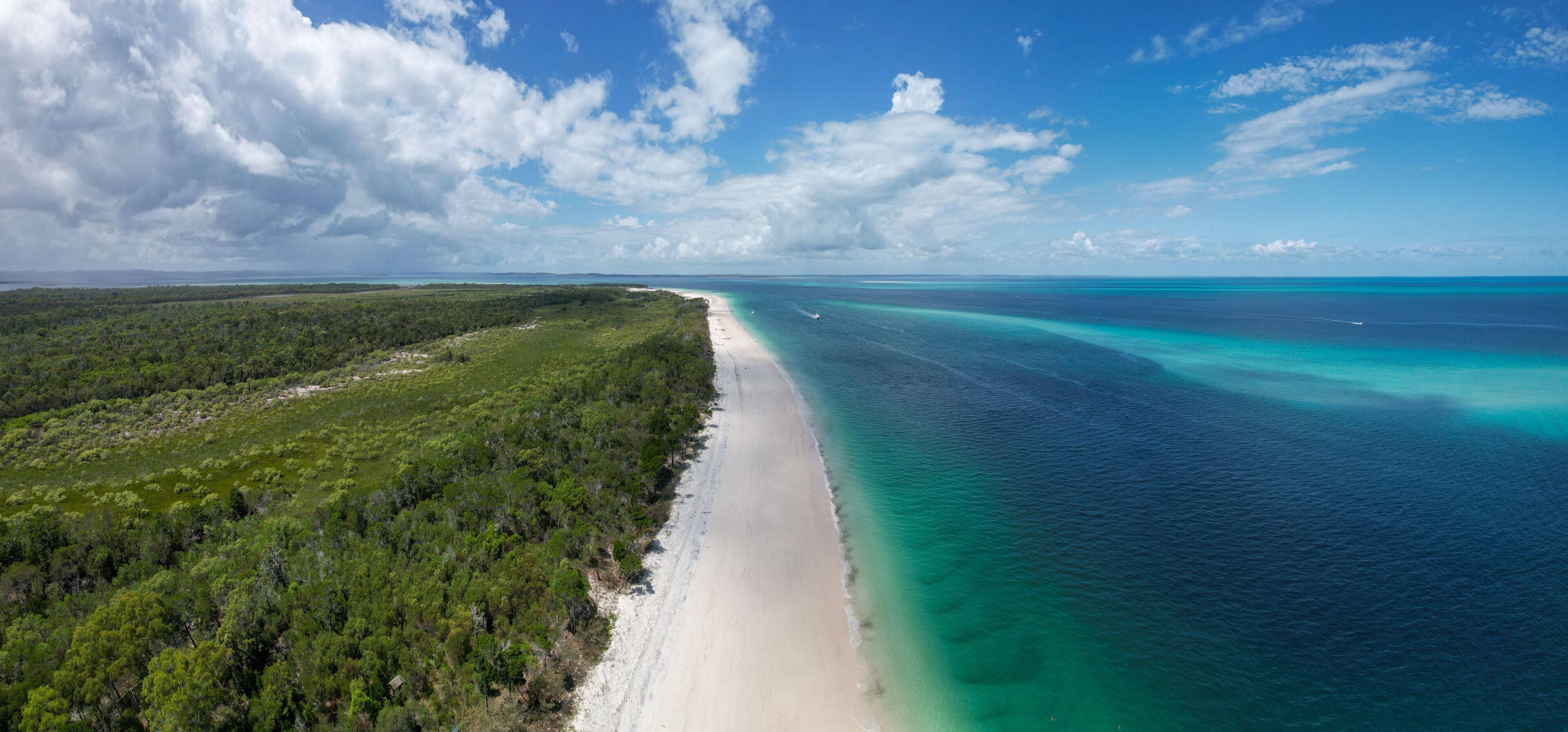 Un paisaje costero con playa arenosa, aguas turquesas cristalinas y vegetación verde exuberante.