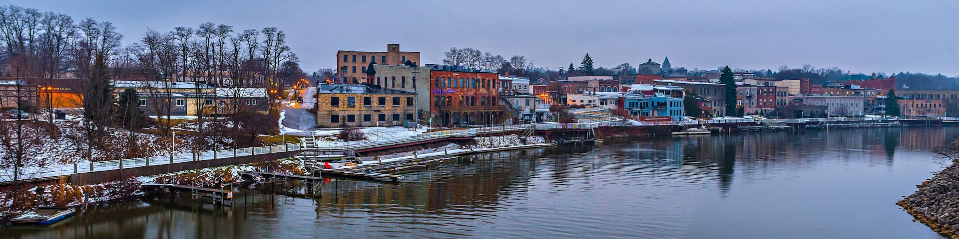 city of manistee michigan early morning in spring.