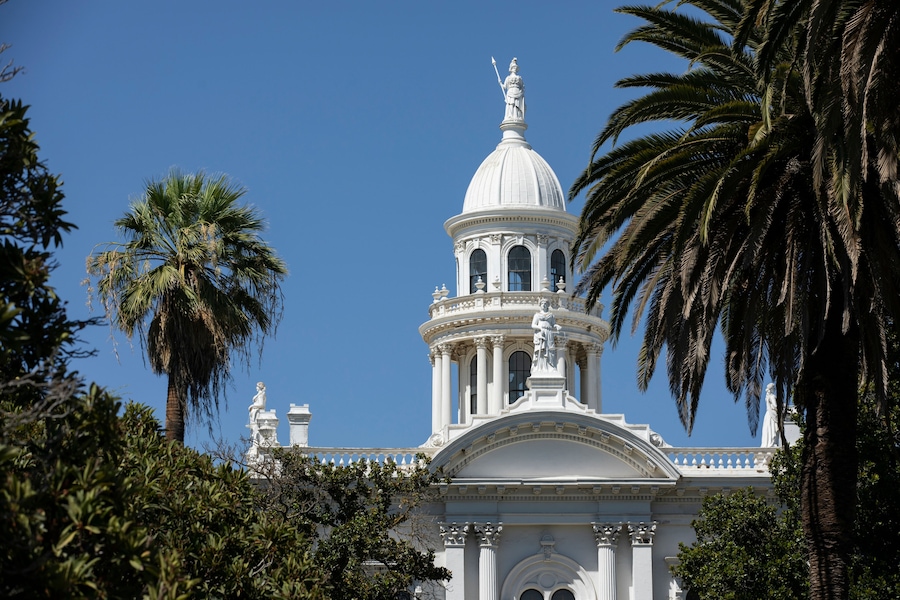 Daytime view of the historic courthouse, constructed in 1875, of Merced, California, USA.
