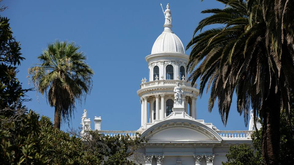 Daytime view of the historic courthouse, constructed in 1875, of Merced, California, USA.