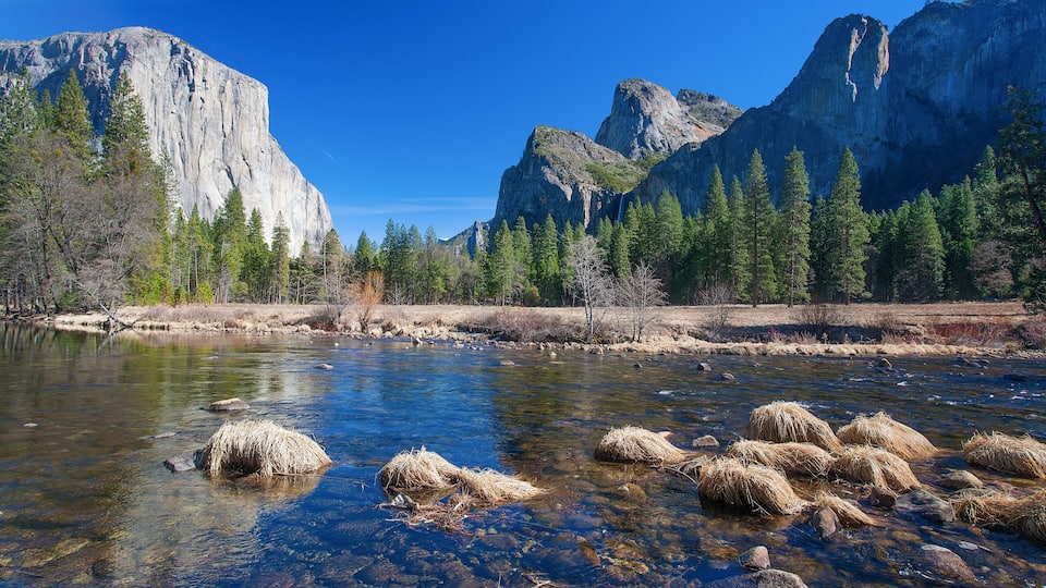 A river with clear water, surrounded by mountains and trees.