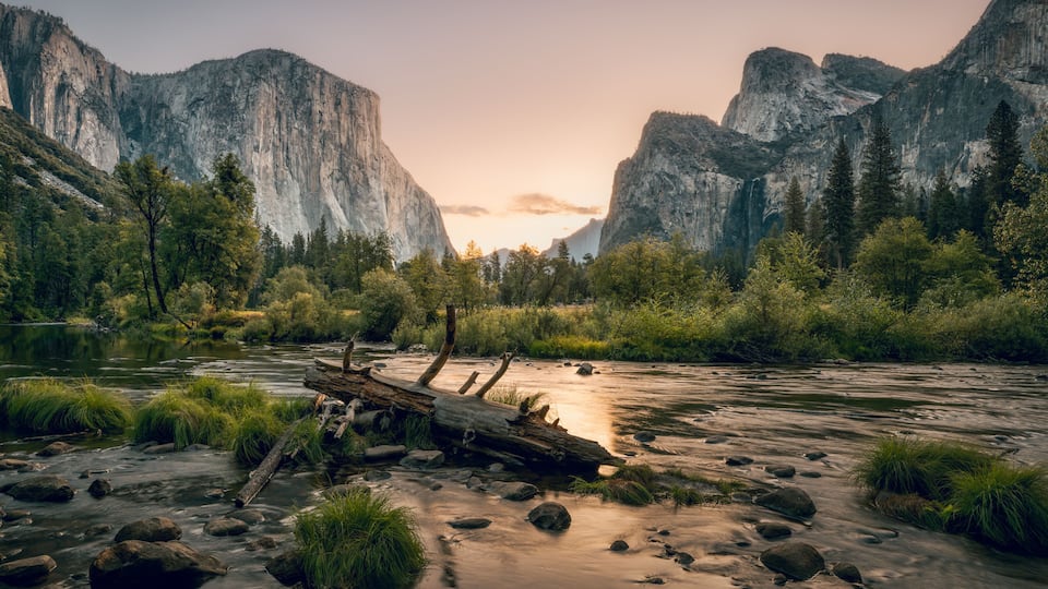 View of Yosemite Valley with Merced river in the foreground and granite massive of El Capitan and Cathedral Rocks in the background before sunrise. Yosemite National Park, California, USA
