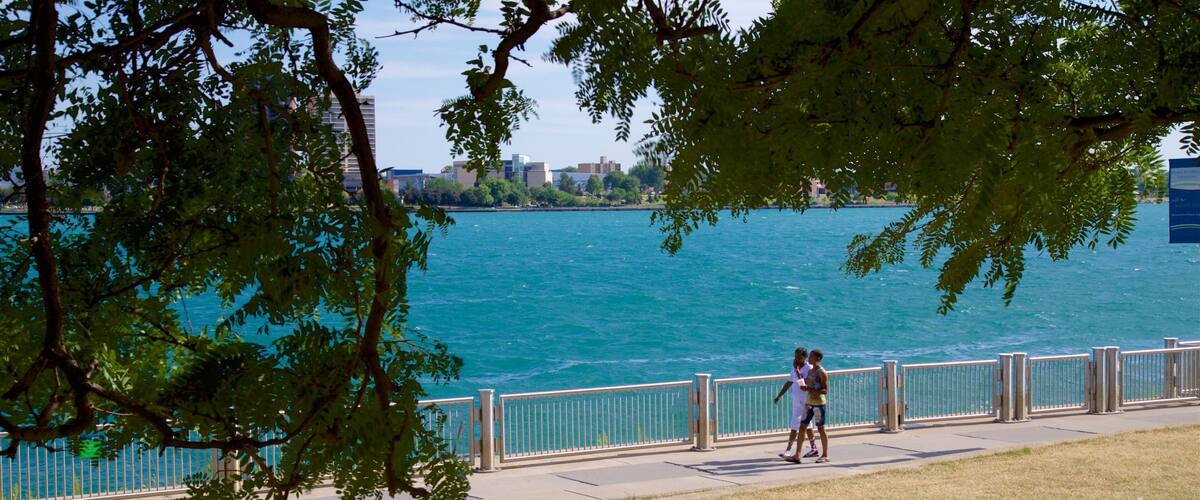 A waterfront park with a walking path, trees, and a view of the water and distant buildings.