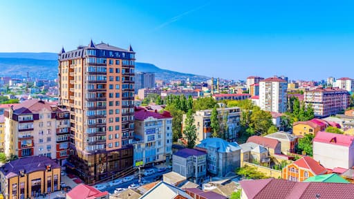 Panoramic view of the city of Makhachkala in the Republic of Dagestan. Trip, travel on vacation. Cityscape.
