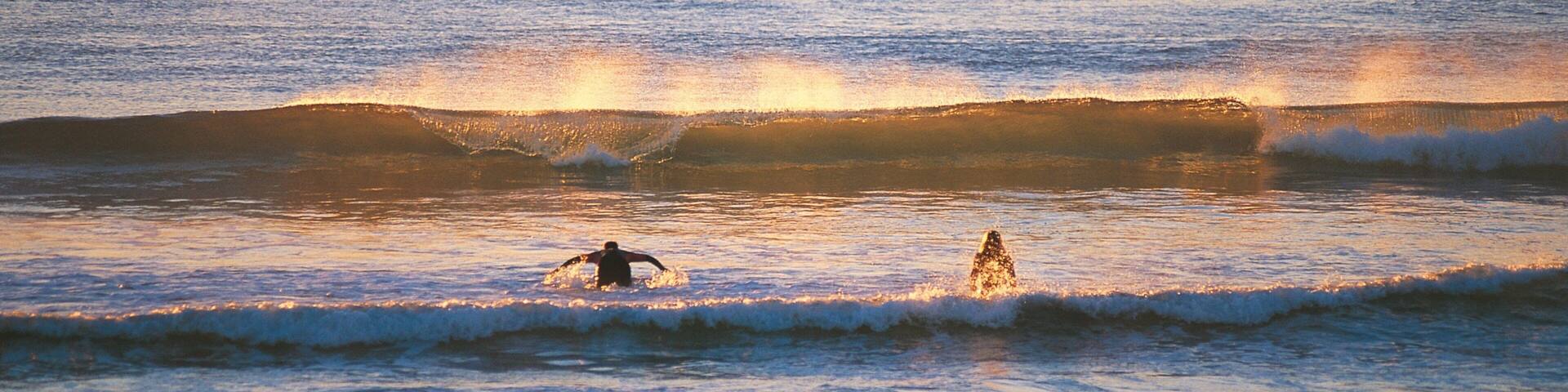 Maroochydore which includes surf, a beach and a sunset