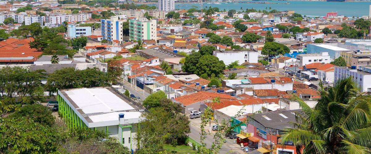 A coastal cityscape with dense housing, a prominent tall building, and a marina with ships.