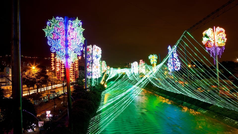 Medellín mostrando arte al aire libre y escenas nocturnas