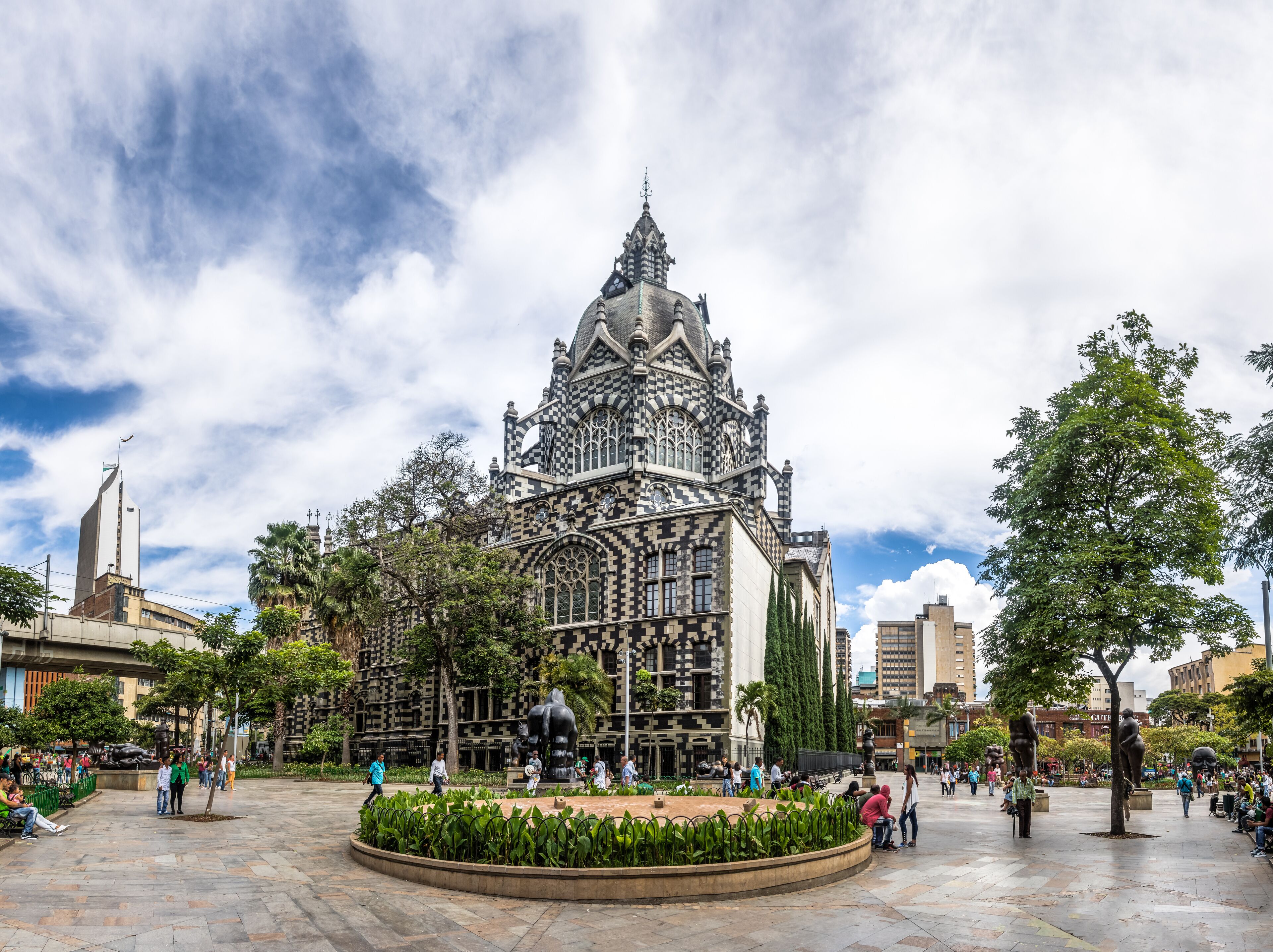 MEDELLIN, COLOMBIA - Jul 19, 2016: Botero Square and Palace of Culture - Medellin, Antioquia, Colombia