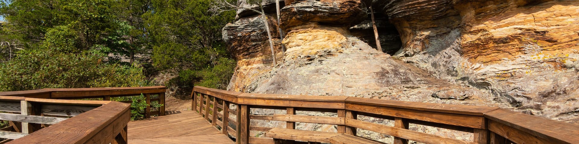 A wooden boardwalk leading to a rocky outcrop with benches.