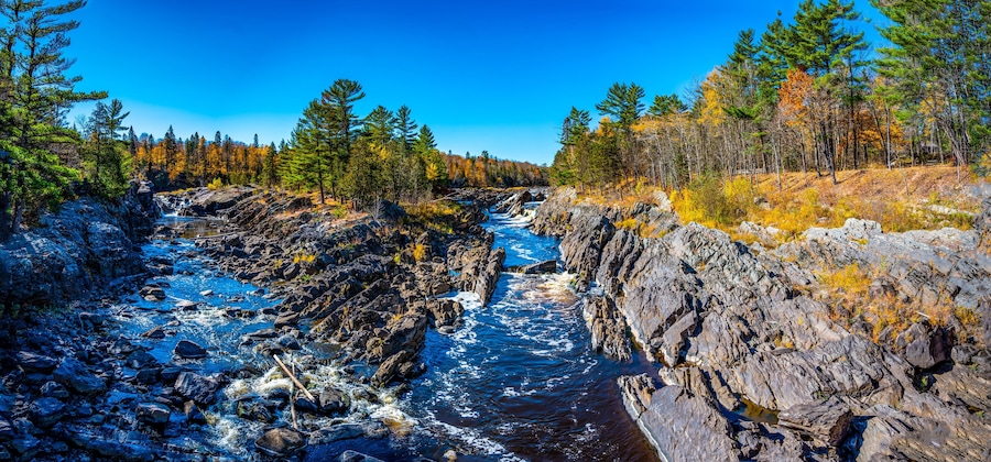 Panoramic view of the St. Louis River at Jay Cooke State Park in Minnesota, USA