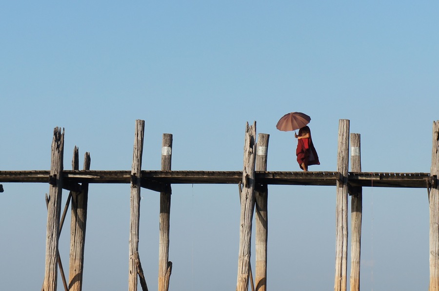 Person walking on Amarapura Bridge, Mandalay