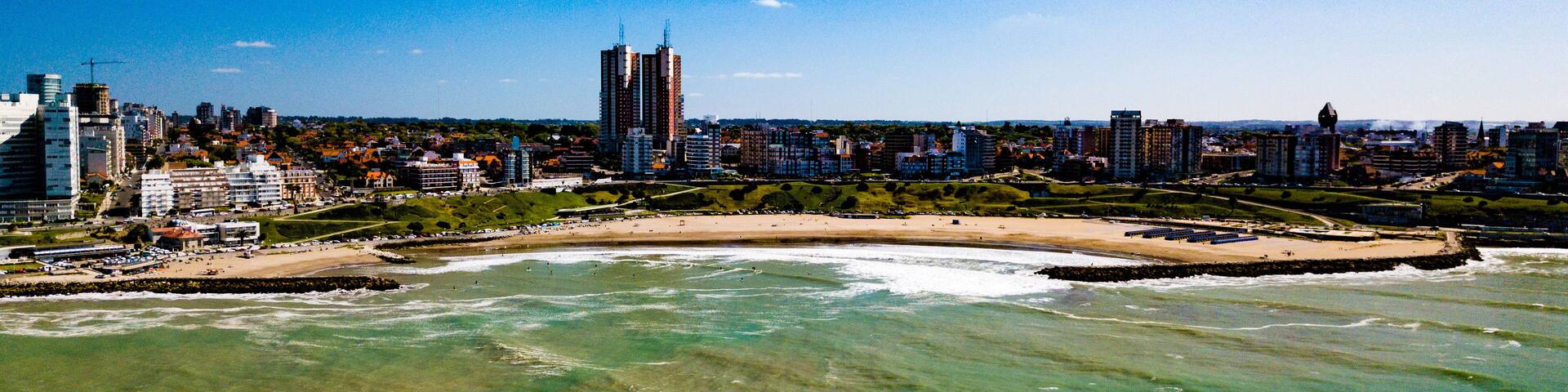 Sky view of Mar del Plata Argentina – high resolution drone photo of the Argentinian coast and downtown area of Mar del Plata Casino Central in spring time. Buenos Aires Capital Federal district