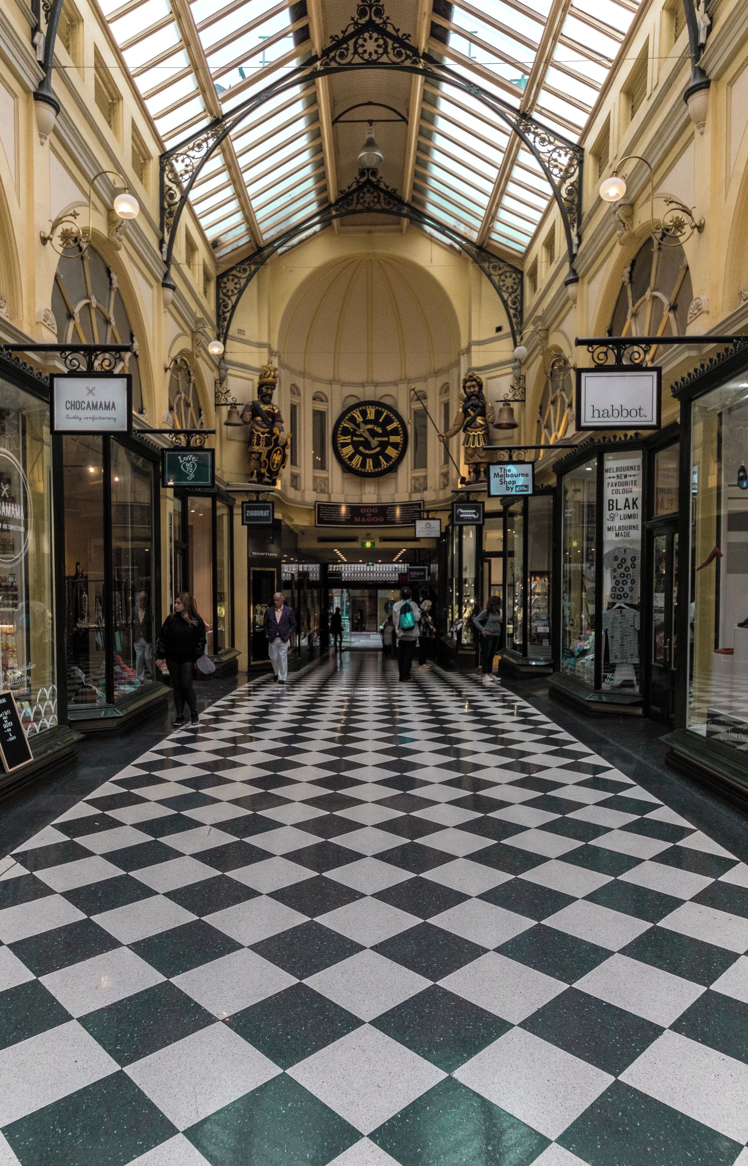The Royal Arcade has provided an undercover shopping link between Melbourne's Bourke Street Mall, Little Collins Street and Elizabeth Street since 1869.