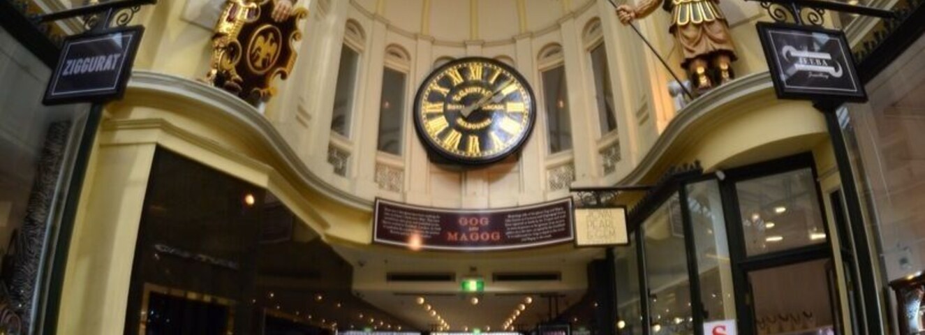 The Royal Arcade in Melbourne, Australia.
Melbourne is known for it's many arcades and lane ways. Each have their own quirks and histories, and offer a terrific variety of shopping. Delicatessens, cafés, bakeries, hobby shops, witchcraft supplies, skiing supplies, antiques, rare books - it's all possible throughout these great spots.
