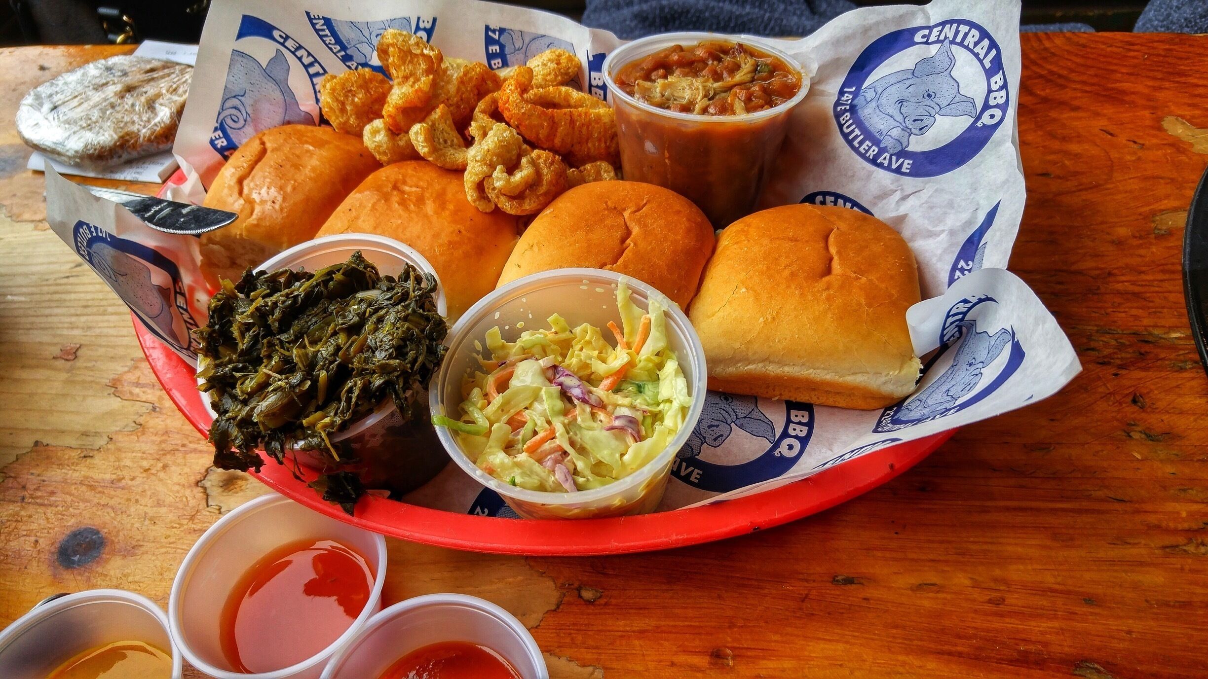 The side necessities when you eat at Central BBQ. Including the hot sauces! 