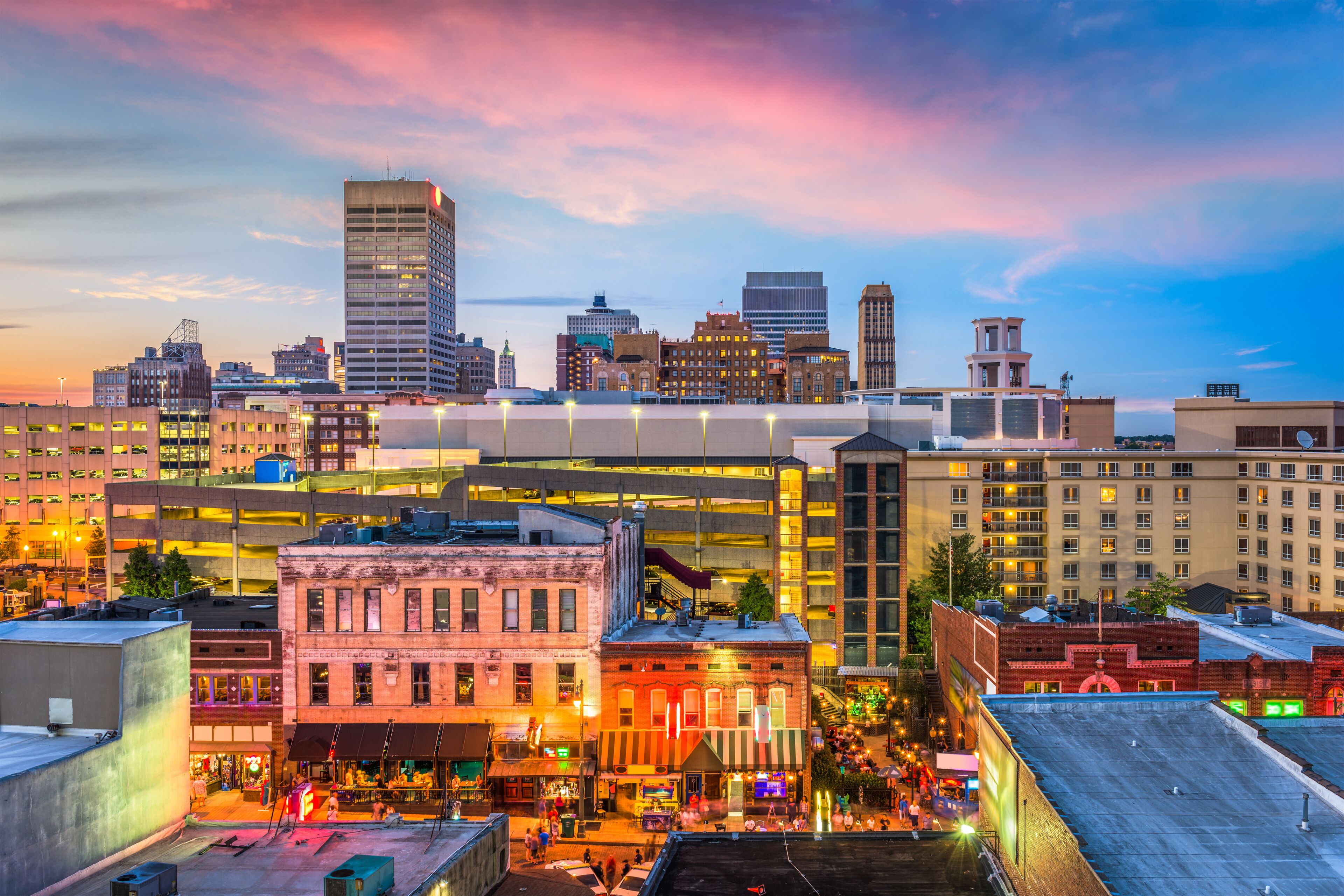 Memphis, Tennessee, USA skyline over Beale Street.