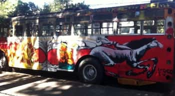 A bus parked at the plaza. I hear the art work on it is continuously evolving and in the past it has been filled with cotton candy.