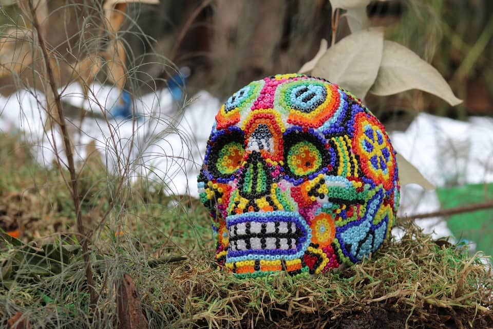 A colorful skull made of beads in a natural setting with grass and snow in the background.