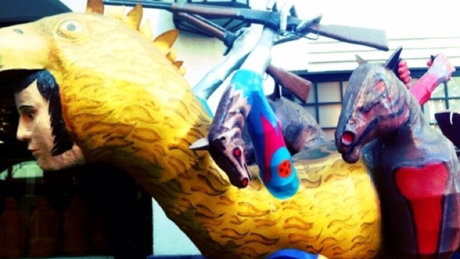 One of 2 sculptures parked outside