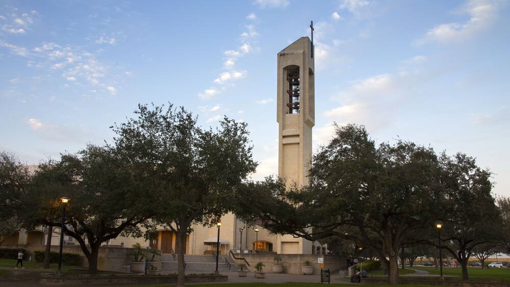 A tall tower with a cross at the top, surrounded by trees and a grassy area.