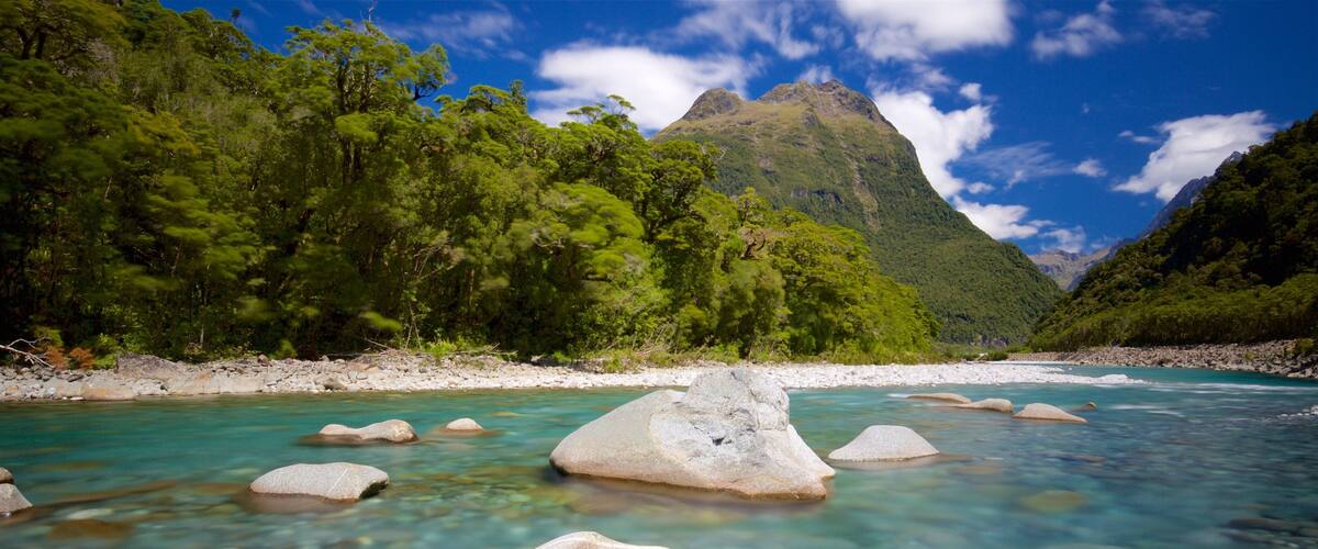 A clear river with large rocks, lush green trees, and a mountain in the background.