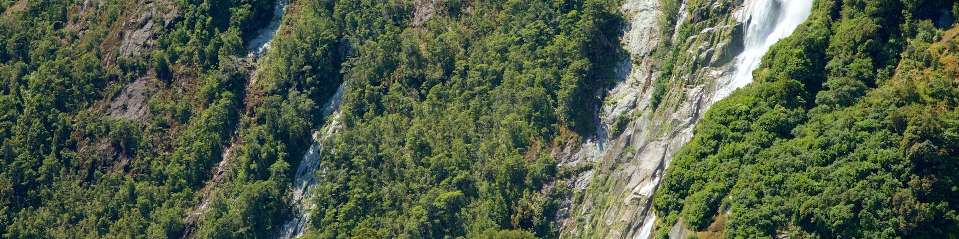 Milford Sound que incluye costa escarpada, cataratas y un ferry